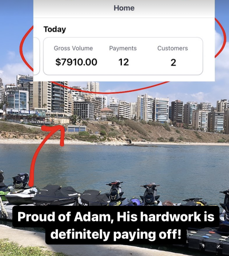 Adam's dashboard showing $7910 gross volume